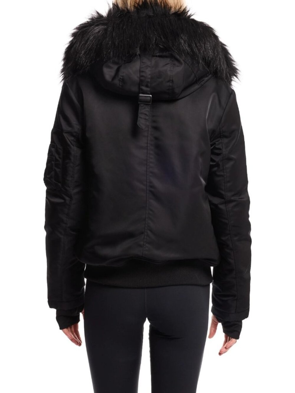 SAM. Sloane Women's Faux Fur Trim Hooded Bomber Puffer Jacket Black Size L - Picture 3 of 5